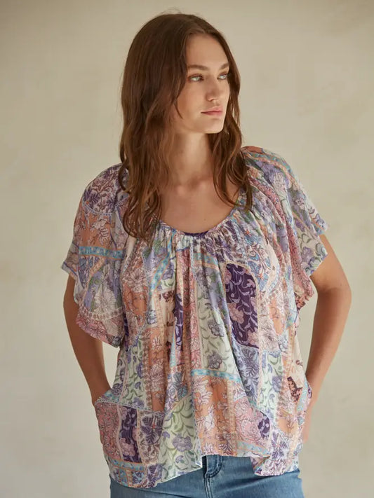 Floral Patch Print Blouse - Ivory Coral Multi