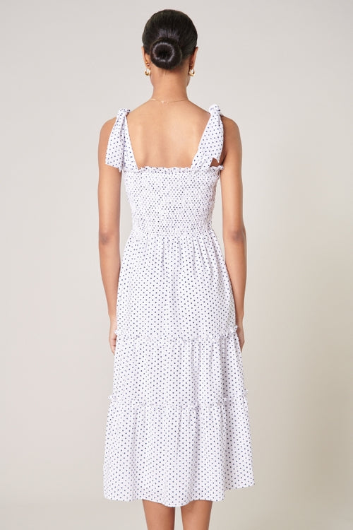 Say So Smocked Midi Dress - White/Navy Dot