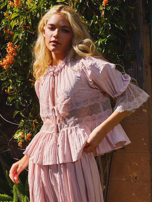 Bow Tie Lace Detail Blouse - Mauve