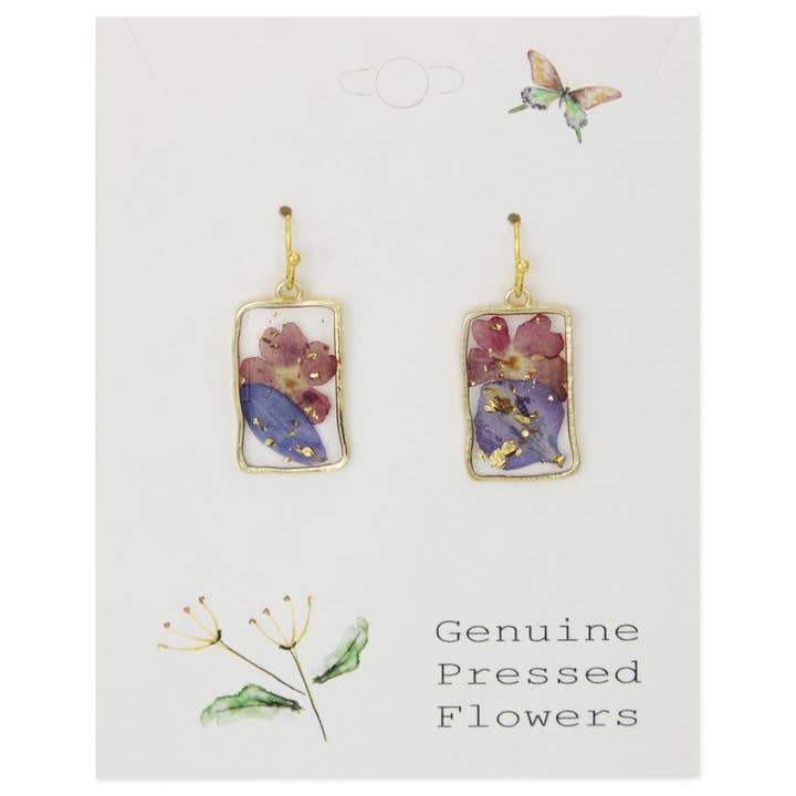 Dried Floral Earrings - Purple Pink Rectangle