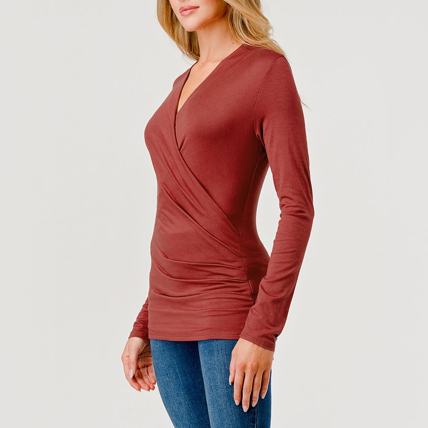 Long Sleeve Wrap Style Top - Barn Red