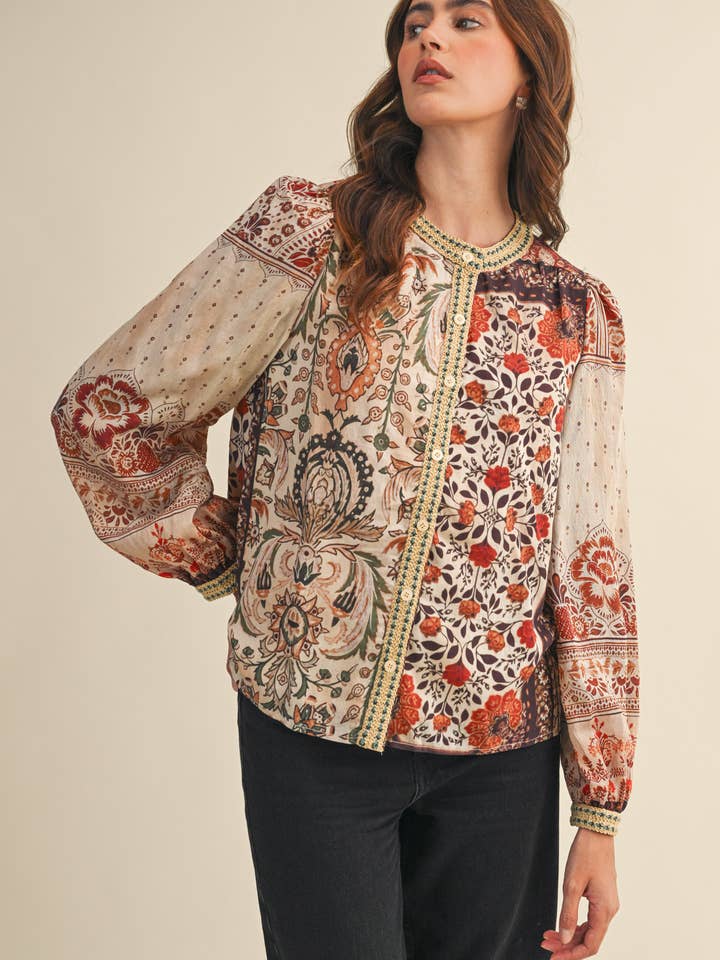 Patchwork Print Button Down - Mocha Cream Floral