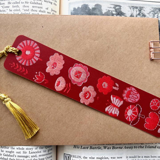 Embroidered Bookmark - Red Flowers