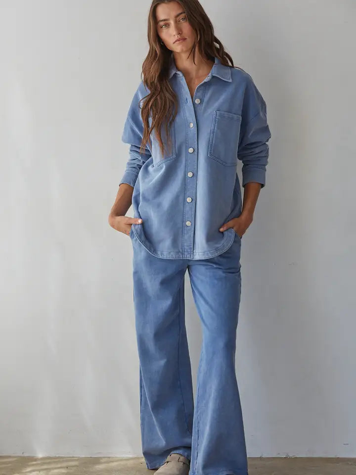 Knit Collared Button Down - Light Denim