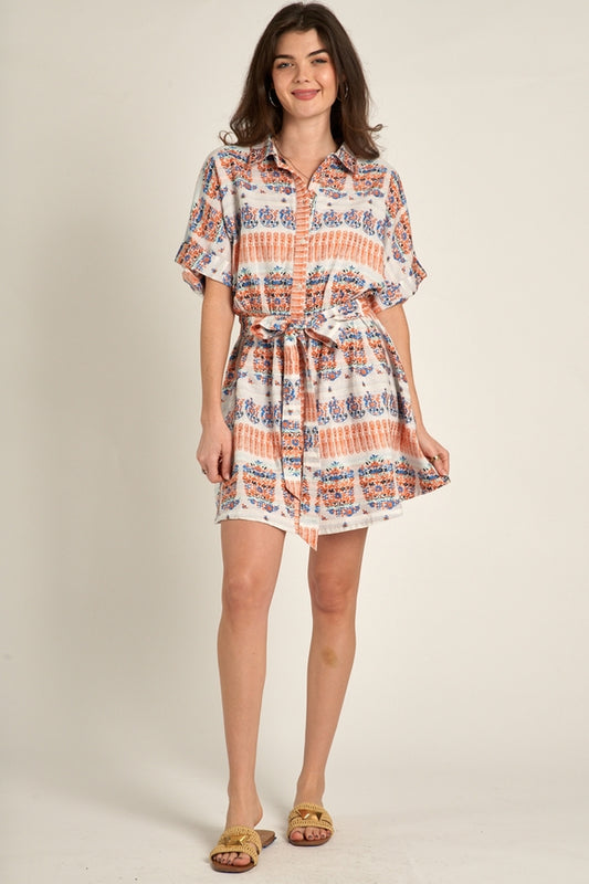 Embroidered Mini Shirt Dress - Ivory Orange