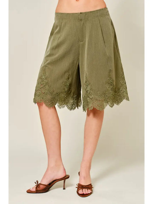Lace Detail Classic Long Shorts - Olive