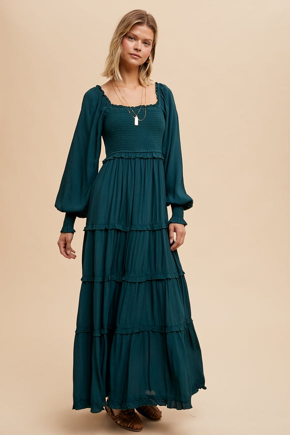 Smocked Square Neck Maxi Dress - Evergreen