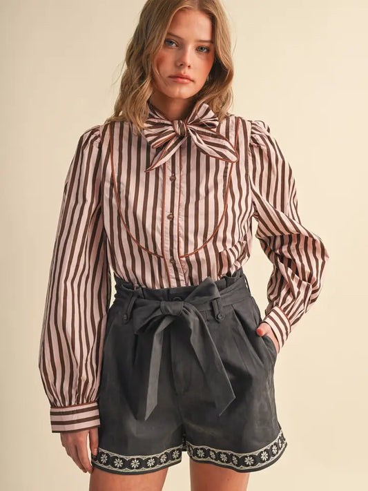 Striped Tie Neck Button Down - Pink Brown