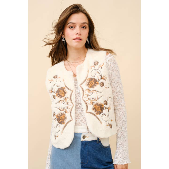 Western Embroidered Faux Fur Vest - Off White