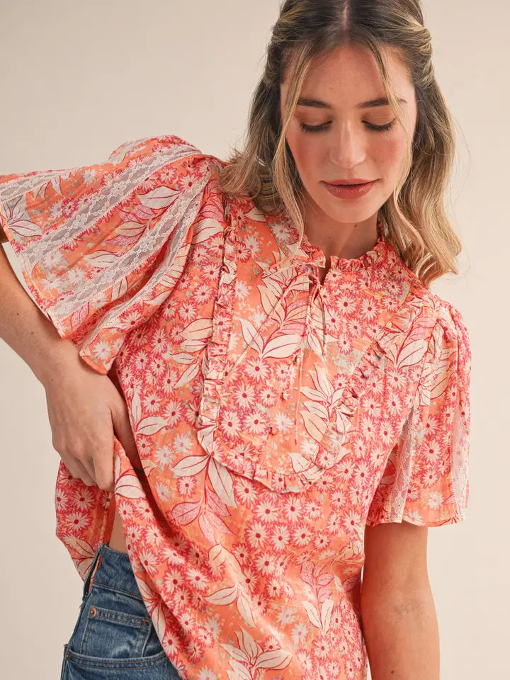 Floral Print Lace Trim Top - Orange Multi Floral
