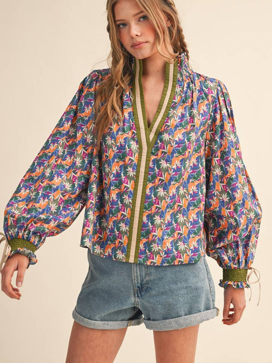 Contrast Neckline Puff Sleeve Top - Magenta Multi