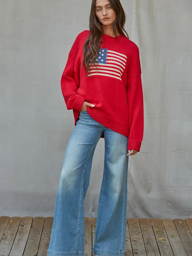American Flag Pullover Sweater - Red