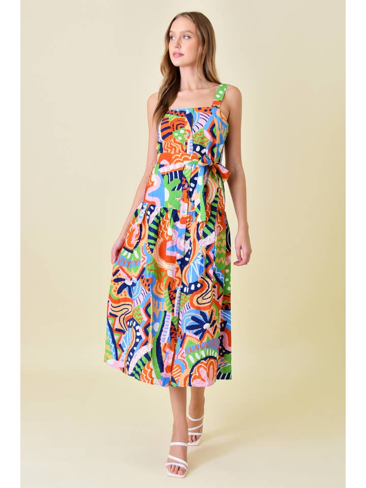 Waist Tie Midi Dress - Abstract Multi