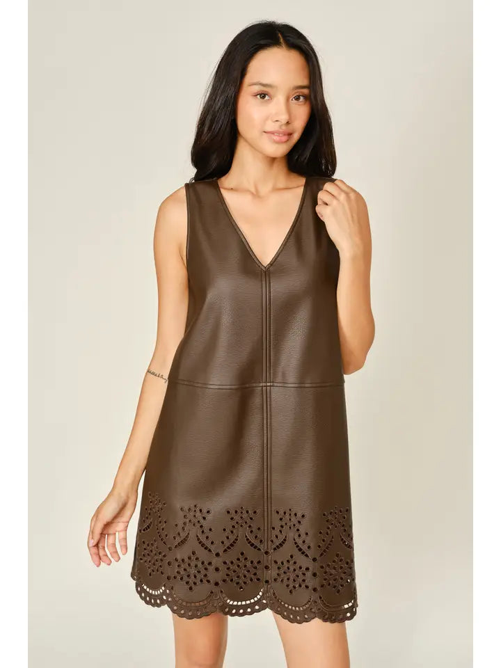 Vegan Leather Embroidered Mini Dress - Dark Brown