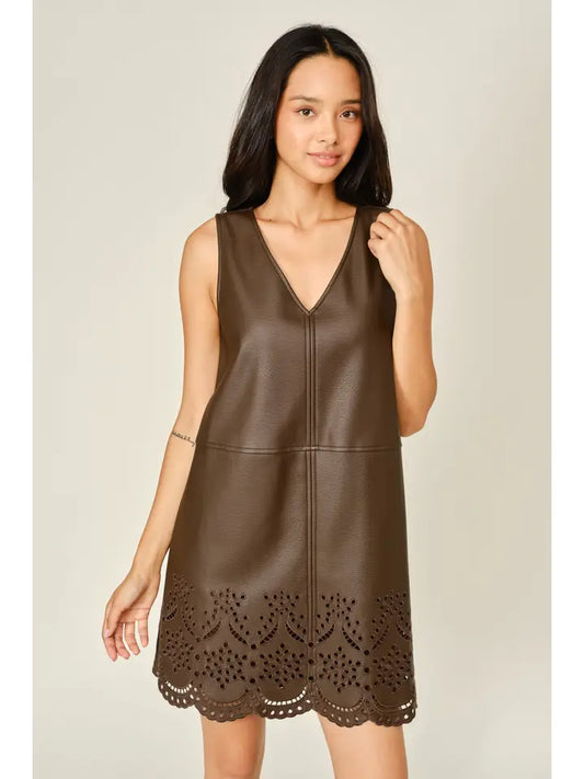 Vegan Leather Embroidered Mini Dress - Dark Brown