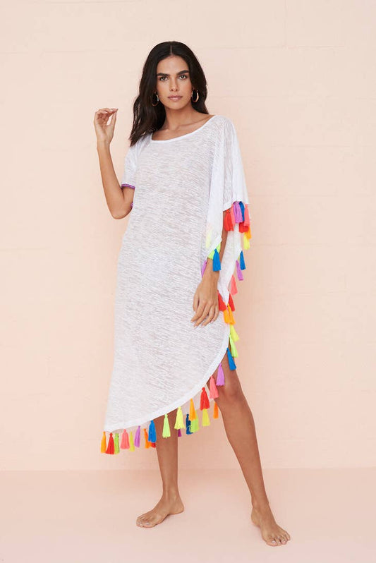 Rainbow Tassel Slit Dress - White