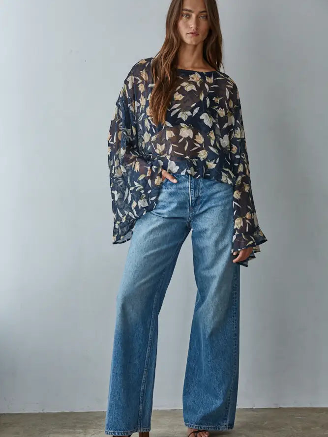 Ruffle Floral See Through Top - Navy Multi