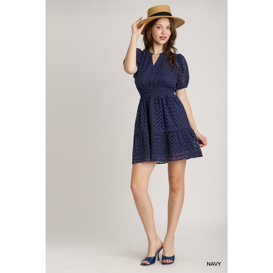 Puff Sleeve Lace Mini Dress - Navy