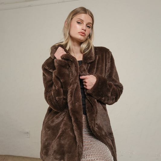 Faux Fur Open Front Jacket - Chocolate