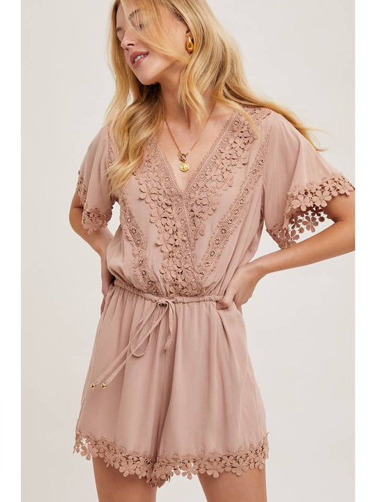 Floral Lace Romper - Almond