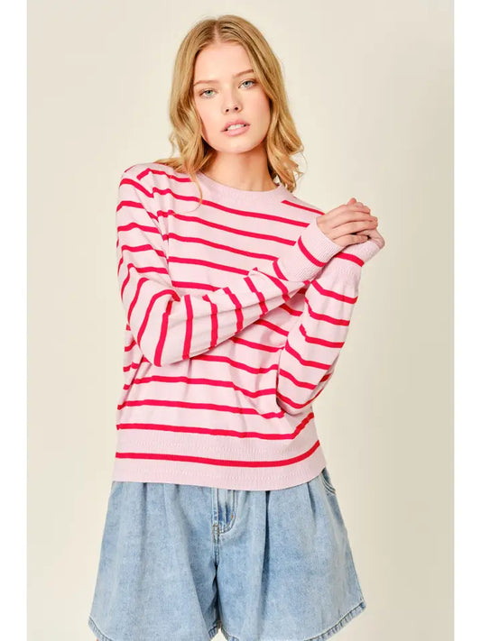 Thin Striped Pullover Sweater - Pink