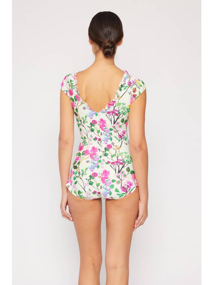 V Neck String Ruffle Swimsuit - Cherry Blossom Cream