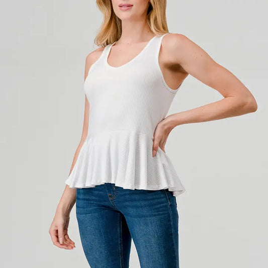 Peplum Ribbed Tank - White