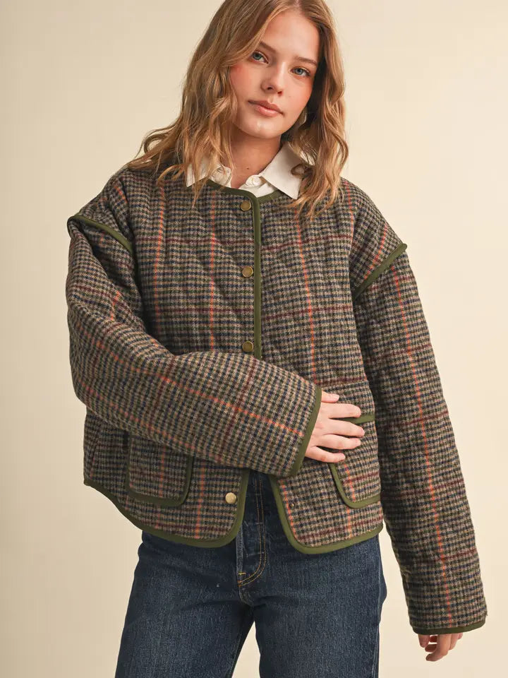 Houndstooth Jacket with Contrast Binding - Brown Multi Plaid