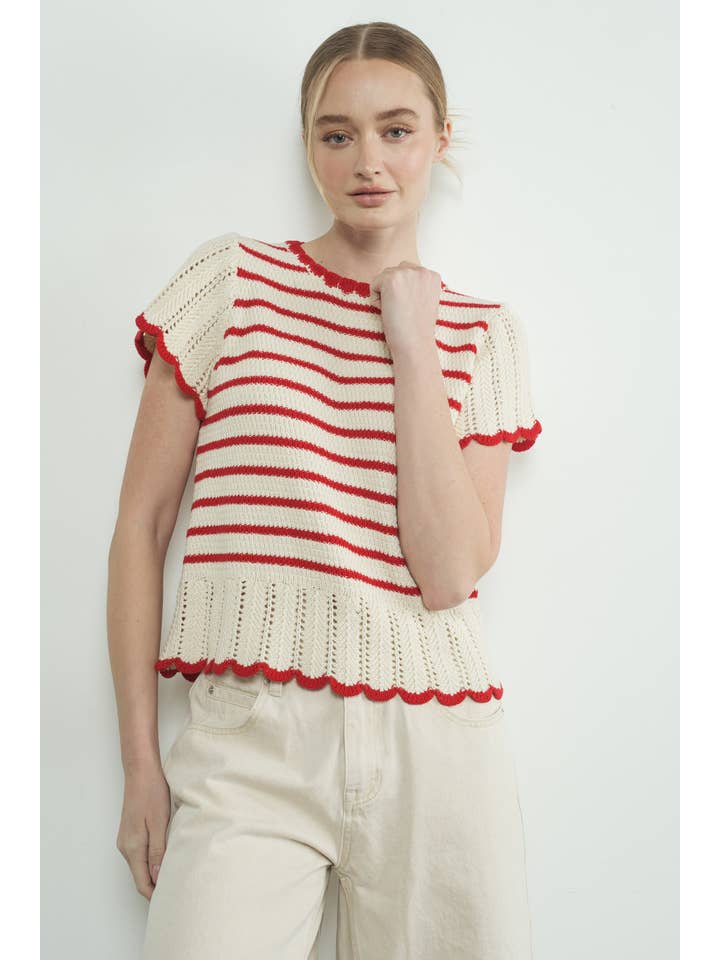 Striped Crochet Sweater - Natural/Red