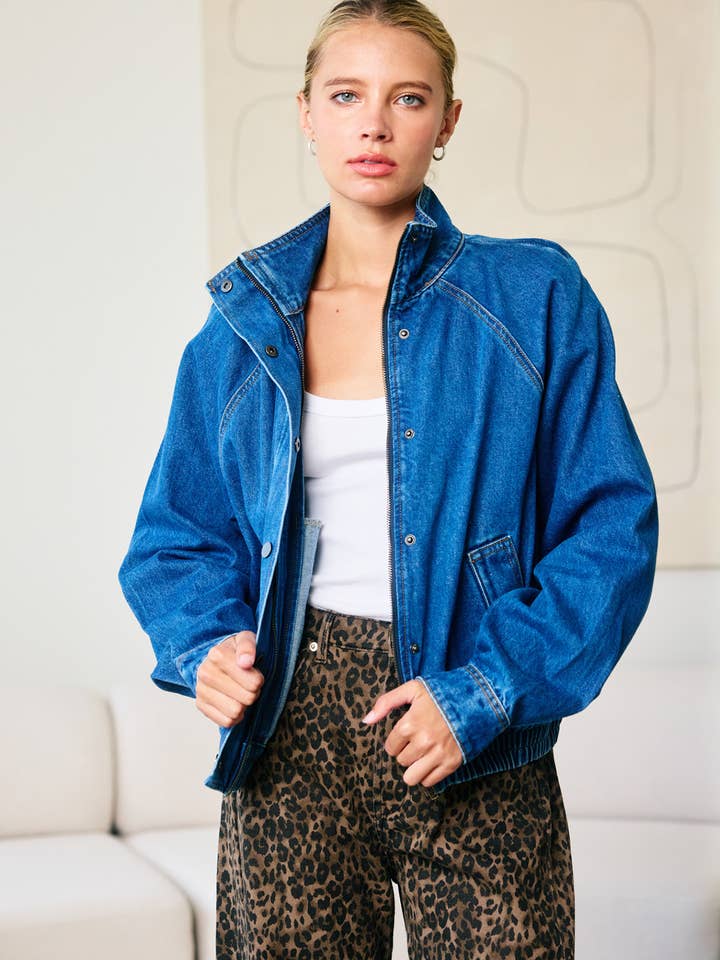 Washed Denim Bomber Jacket - Denim