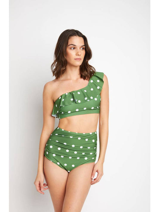 One-Shoulder High Waisted Swimsuit - Olive White Dot