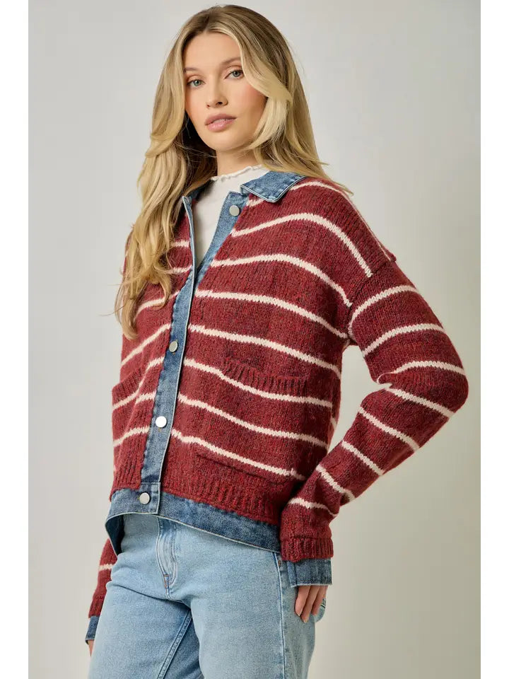 Striped Denim Hem Sweater Jacket - Chili