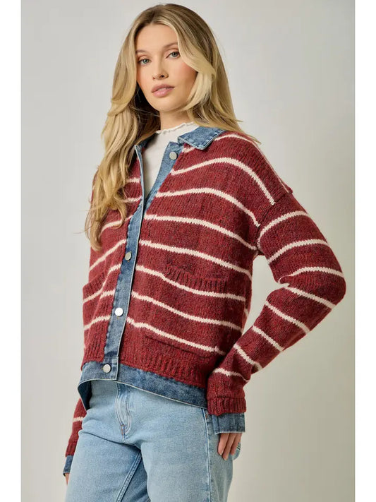Striped Denim Hem Sweater Jacket - Chili