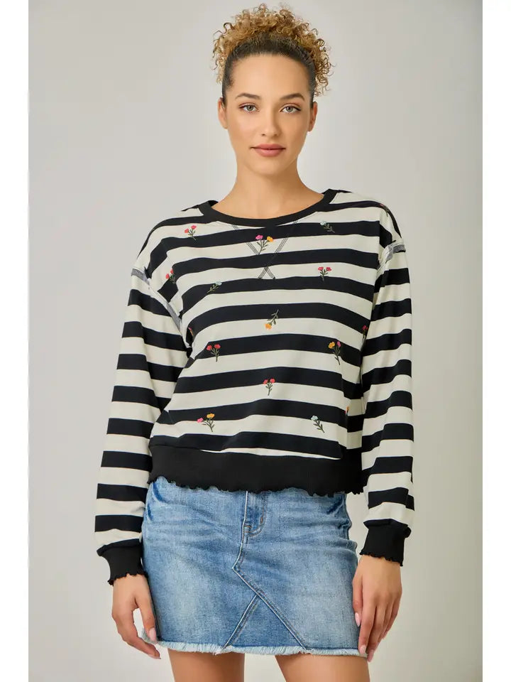 Embroidered Stripe Sweatshirt - Black/Ivory