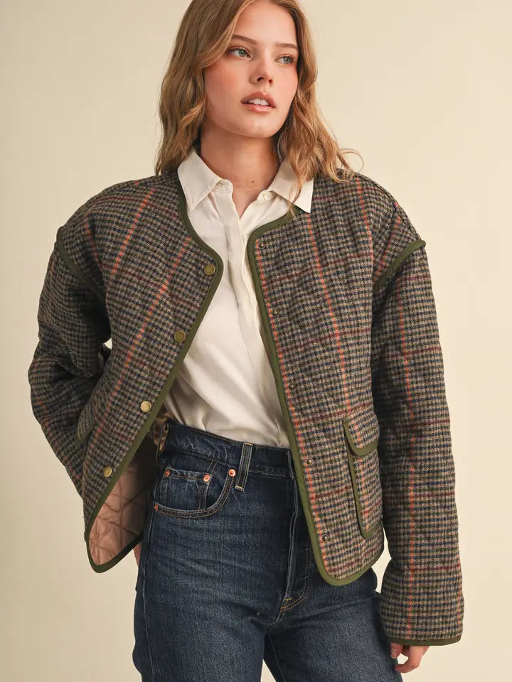 Houndstooth Jacket with Contrast Binding - Brown Multi Plaid