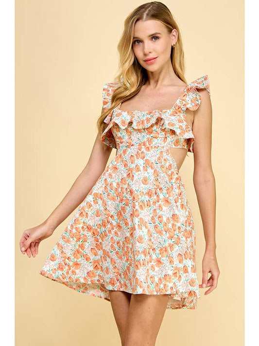 Cut Out Mini Dress - Orange Floral