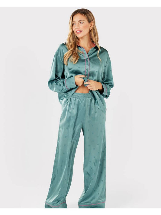 Oversized Satin Pajama Set - Teal Jacquard Heart