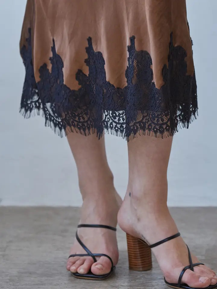 Lace Detail Satin Midi Skirt - Brown Black