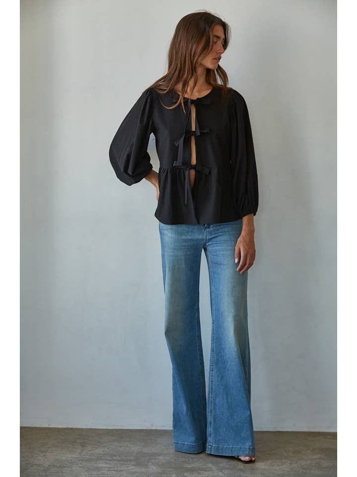 Ribbon Tie Strap Blouse - Black