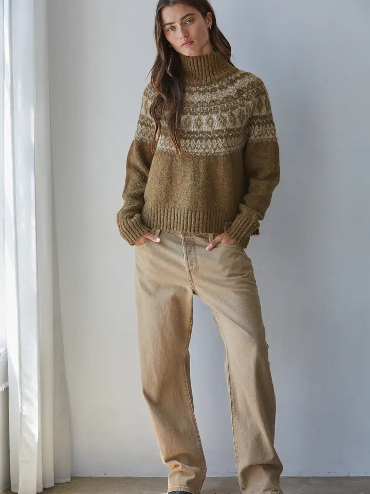 Knit Fair Isle Mock Neck Pullover - Olive Brown