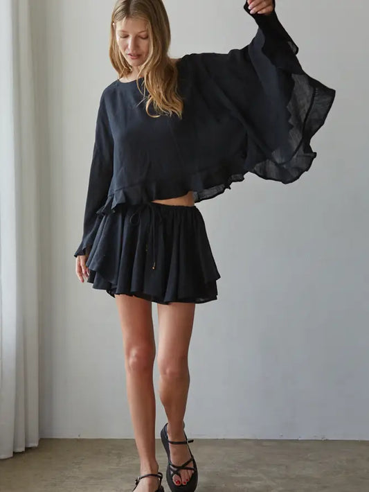 Ruffle Long Sleeve Top - Black