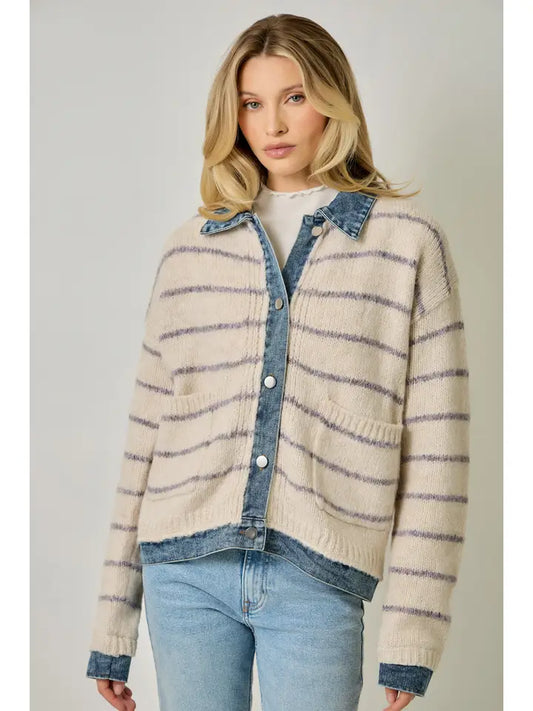 Striped Denim Hem Sweater Jacket - Oatmeal