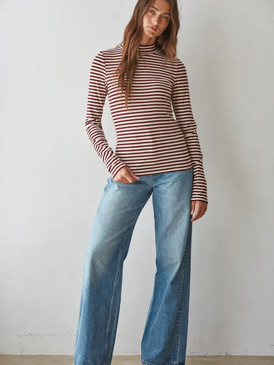 Mock Neck Striped Long Sleeve - Cream Wine
