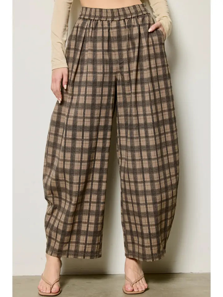 Plaid Barrel Leg Pants - Khaki