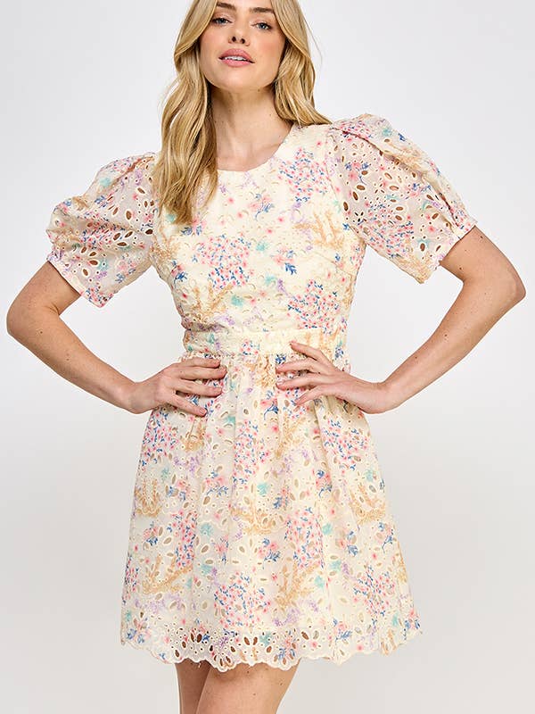 Floral Print Eyelet Mini Dress - Pink Multi