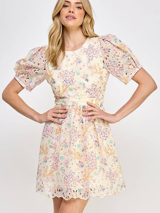 Floral Print Eyelet Mini Dress - Pink Multi