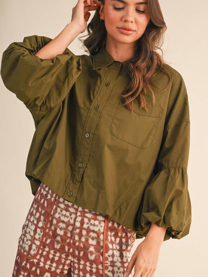 Bubble Sleeve Button Down - Ash Olive