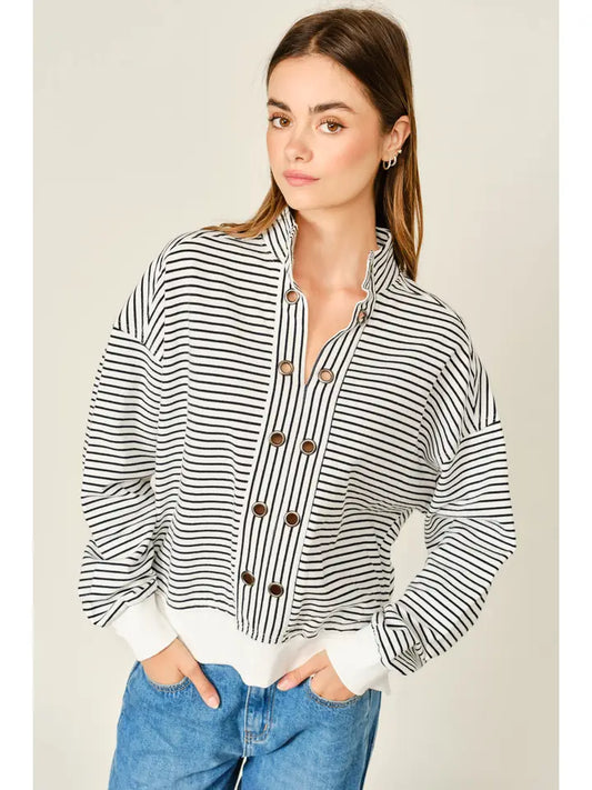 Pullover Striped Eyelet Detail Sweatshirt - Off White/Black