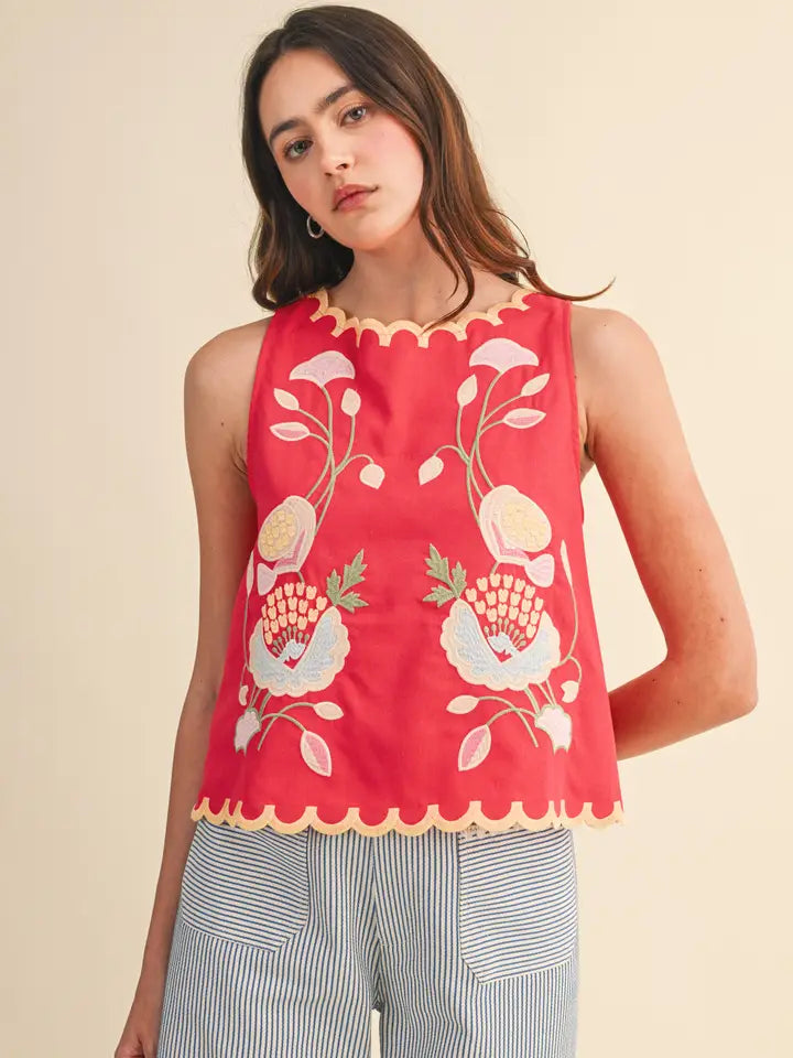 Floral Embroidery Scalloped Tank - Coral Red