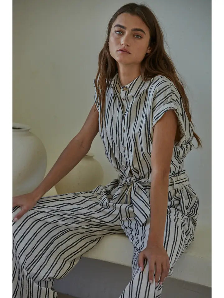 Striped Waist Tie Top - Linen Black